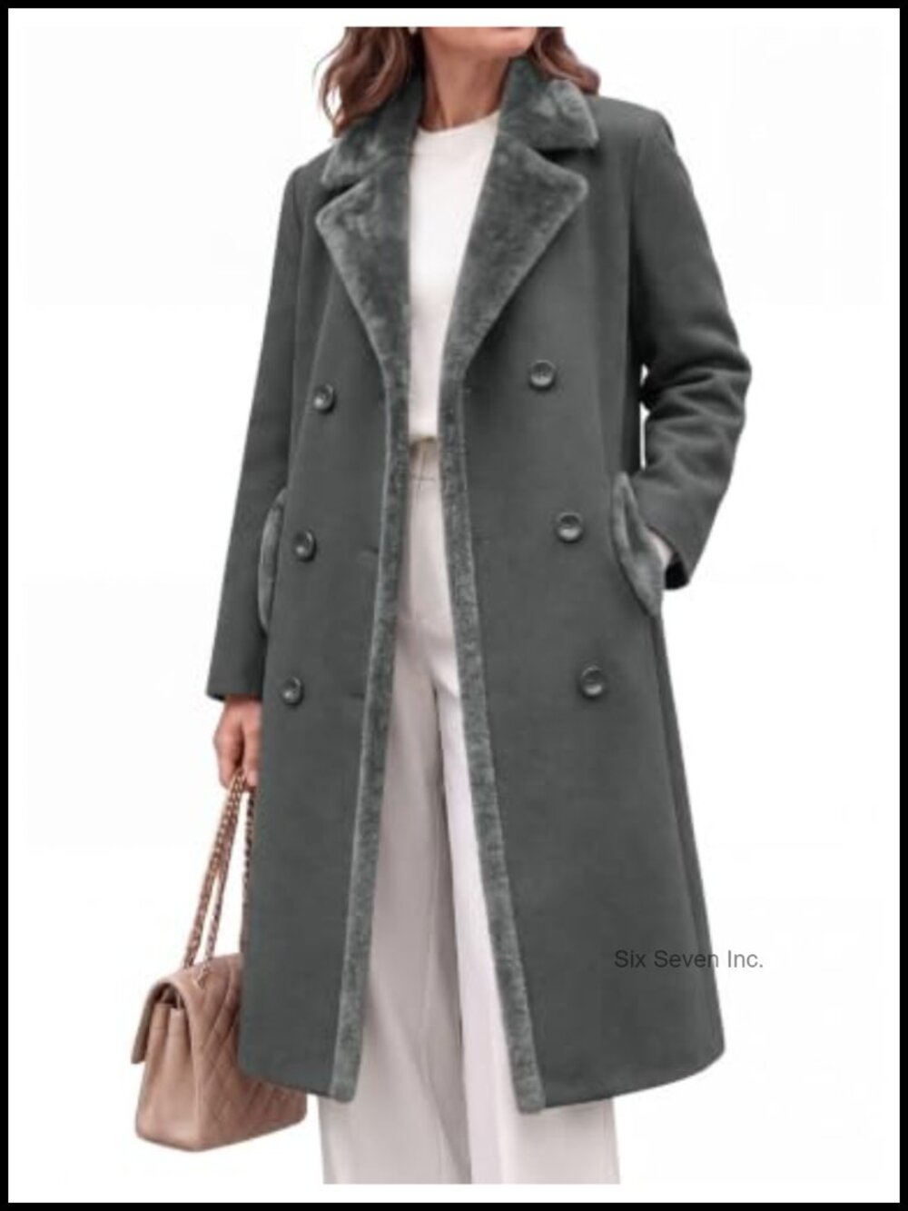 Women's Double-breasted Pea Coat Faux Fur Notched Lapel Winter Coat